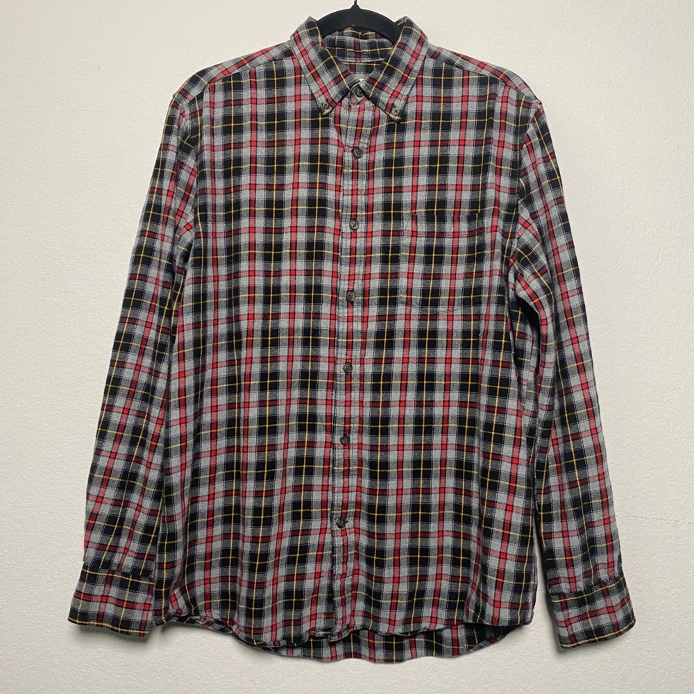 St Johns Bay Mens Flannel Shirt Medium Red‎ Black Gray Plaid Cotton Button Down